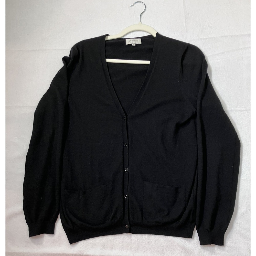 Eric Bompard Men Medium Black 100% Pure Cashmere V-Neck Button Front Cardigan